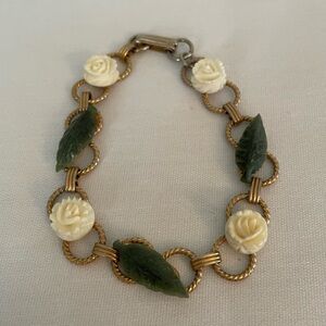 Vintage jade leaf, ivory color roses bracelet